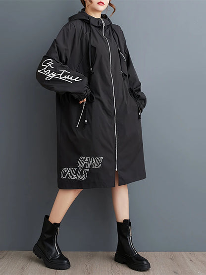 XITAO Hooded Printing Zipper Full Sleeve Coat Loose Casual A-line New Trendy Fashion Slimming Autumn Women Trench GMM1132