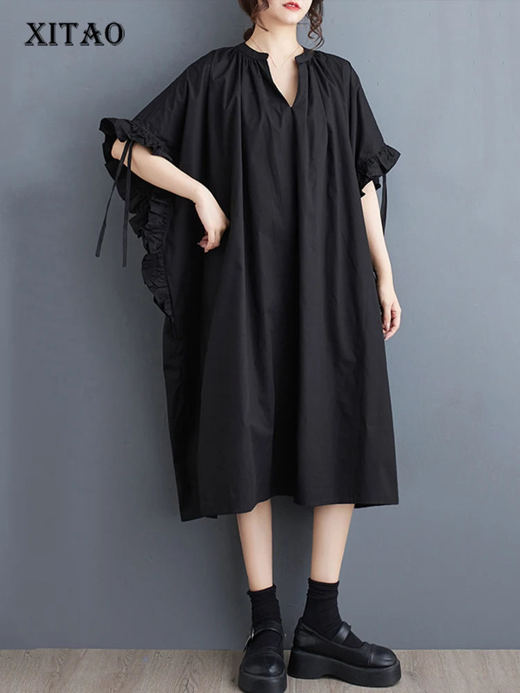 XITAO V-neck Solid Color Loose Dress Edible Fungus Drawstring Temperament All-match Slimming 2024 Women New Dress WLD20131