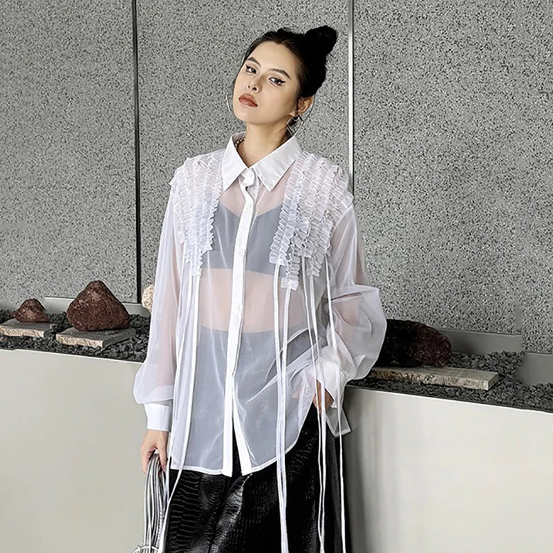 XITAO Gauze Edible Tree Fungus Women Shirt Solid Color Patchwork Hollow Out Single Breasted Turn-down Collar Summer ZY8840