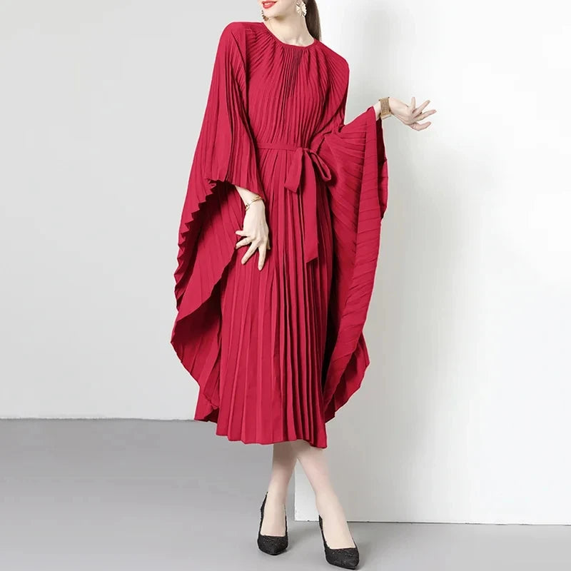 XITAO Pleated Loose Dress Simplicity Temperament Solid Color Bandage Wrist Bat Wing Sleeve Dress Spring New Women HQQ0973