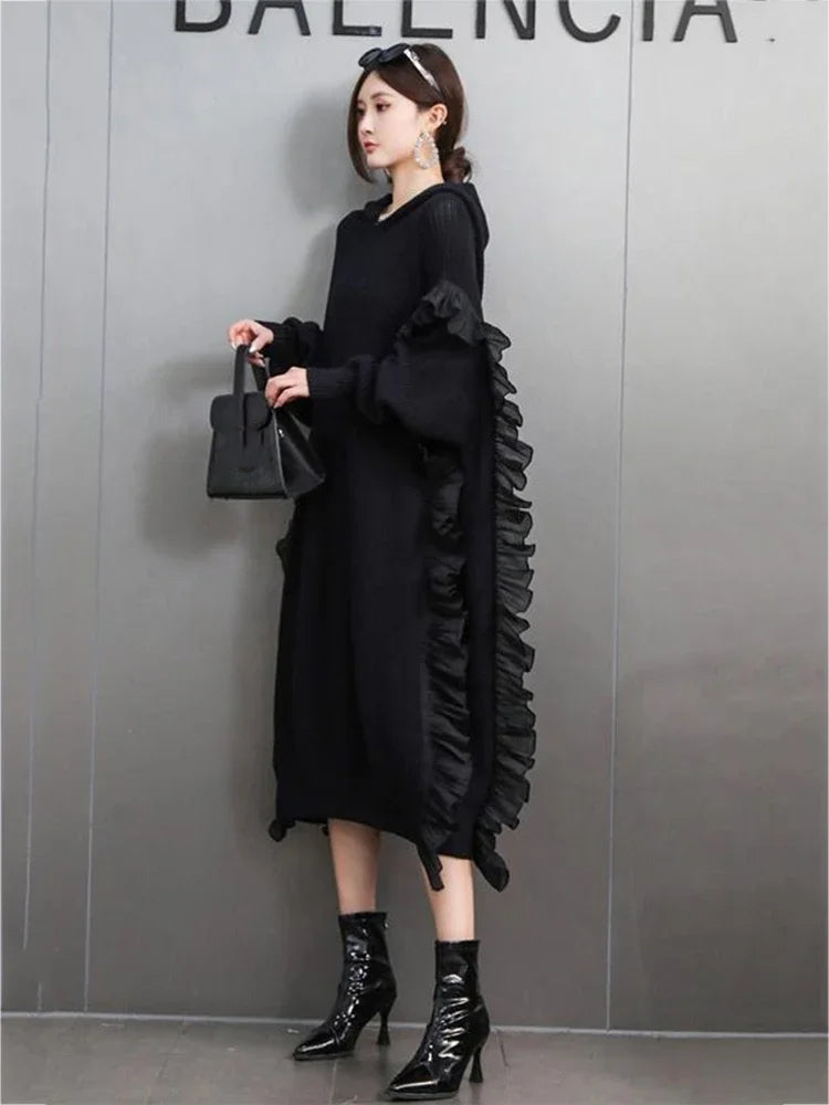 XITAO Ruffles Batwing Sleeve V-neck Dress Fashion Casual Solid Color Straight Knitting Mid-calf Loose Autumn Women Dress GMM1294