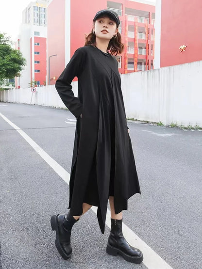 XITAO Asymmetrical Solid Color Patchwork Dresses O-neck Pullover Long Sleeve Loose Casual Slimming Dress 2024 Autumn New GJ1096