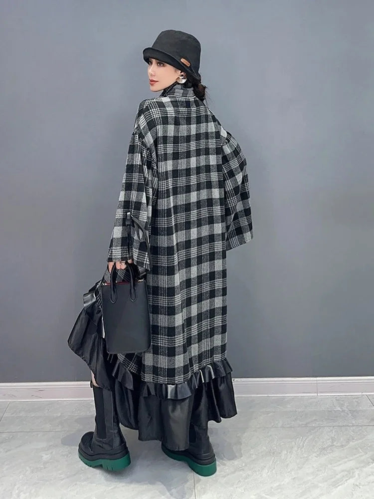 XITAO Asymmetrical Plaid Patchwork Gauze Dress Single Breasted Turn-down Collar Flare Sleeve Slimming 2024 Autumn New LJ1054