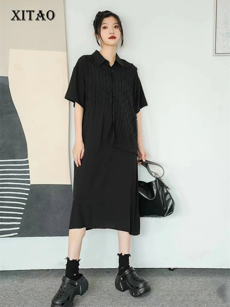 XITAO Turn-down Collar Patchwork Dress Solid Color Short Sleeve Pullover Loose Slimming Dress 2024 Summer New All Match WLD20146