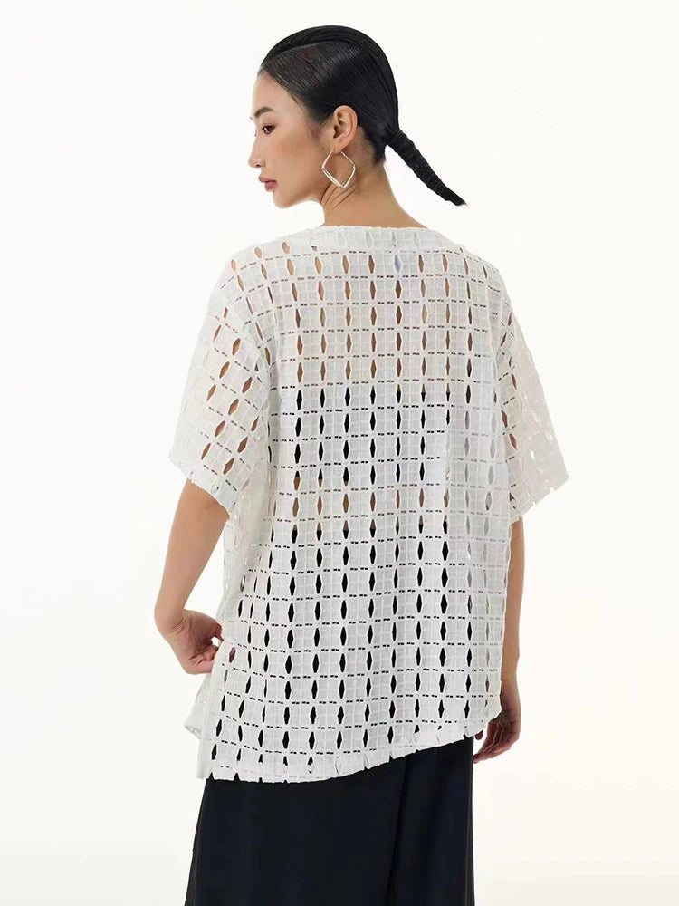 XITAO Asymmetric Hollow Out Female T-shirt Solid Color Loose Fashion Short Sleeve Summer O-neck Simplicity Pullover Top LYD1872