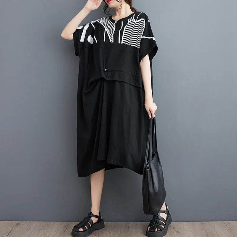 XITAO Print Casual Dress Women Korea 2024 Summer New Arrival Female Personality Fashion Loose O-neck Short Sleeve Dress DMJ1386