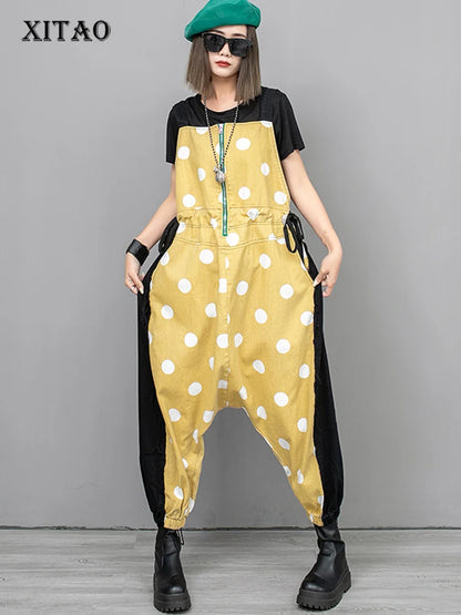 XITAO Loose Dot Patchwork Female Jumpsuits Casual Drawstring Ankle-Length Pants Spring Fashion Women New Cross-pants LYD1611