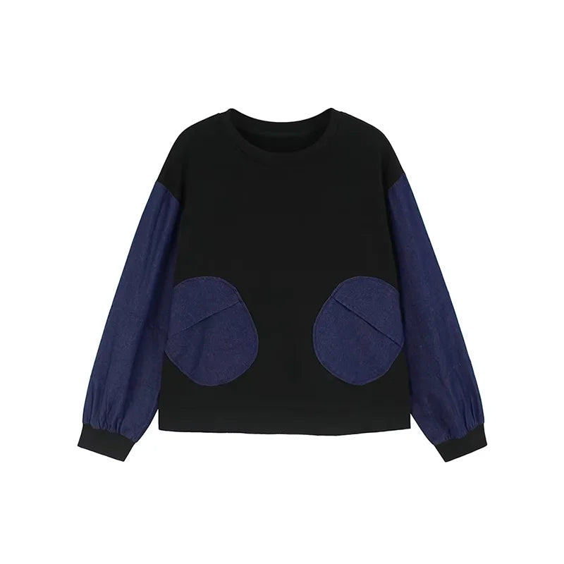 XITAO Loose Dot Denim Patchwork Women Sweatershirt Personality O-neck Round Pocket Casual Long Sleeve Pullover Female Top GJ1116