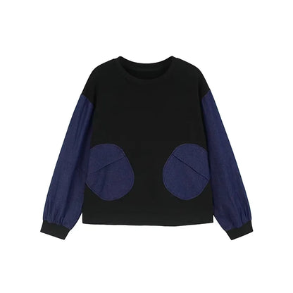 XITAO Loose Dot Denim Patchwork Women Sweatershirt Personality O-neck Round Pocket Casual Long Sleeve Pullover Female Top GJ1116