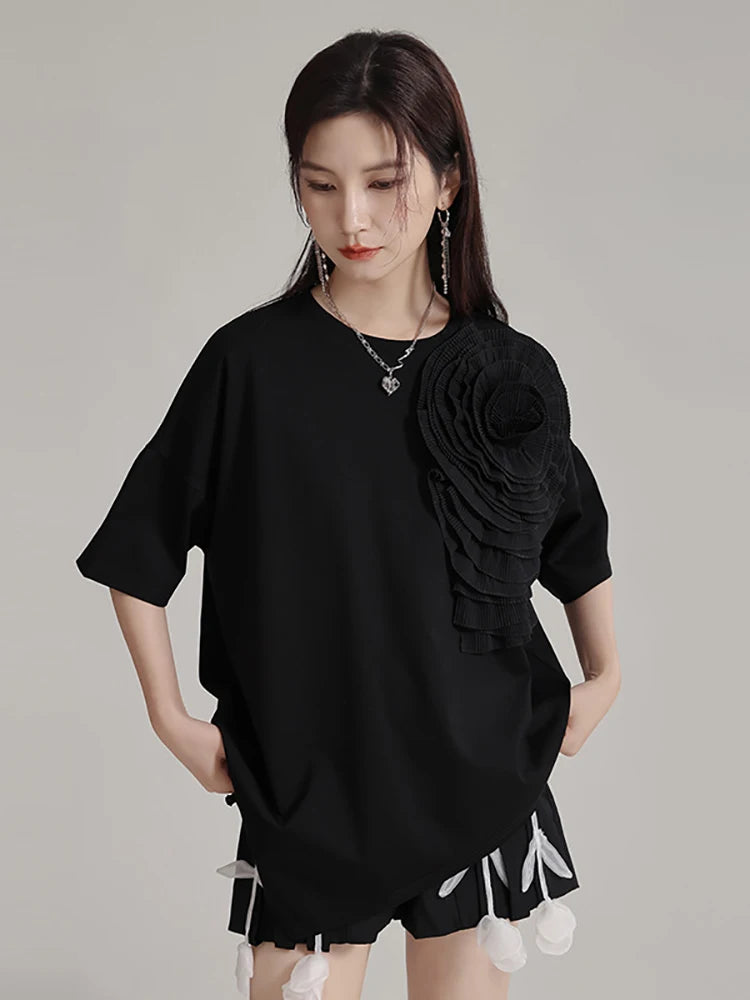 XITAO Three-dimensional Flower Short Sleeve T-Shirt Irregular Loose Pullover Fashion Round Neck Solid Color Women Top LYD1830