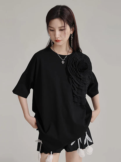 XITAO Three-dimensional Flower Short Sleeve T-Shirt Irregular Loose Pullover Fashion Round Neck Solid Color Women Top LYD1830