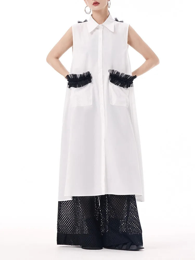 XITAO Backless Gauze Patchwork Pocket Dress Bandage Contrast Color Turn-down Collar Sleeveless Loose Shirt Dress ZY8926