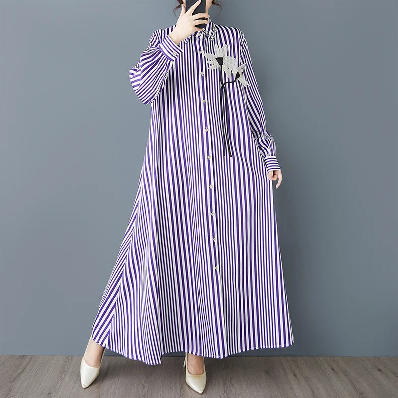 XITAO Stripe Single Breasted Lapel Flower Dress Casual Full Sleeve Loose Fitting New Simple Ankle-length Women Dress ZY8927