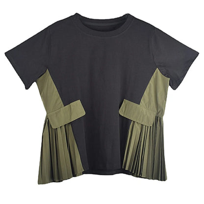 XITAO Pleated Patchwork T-shirt Loose Casual Contrast Color Fashion Simplicity Spring Summer New Women T-shirt Top GJ1005