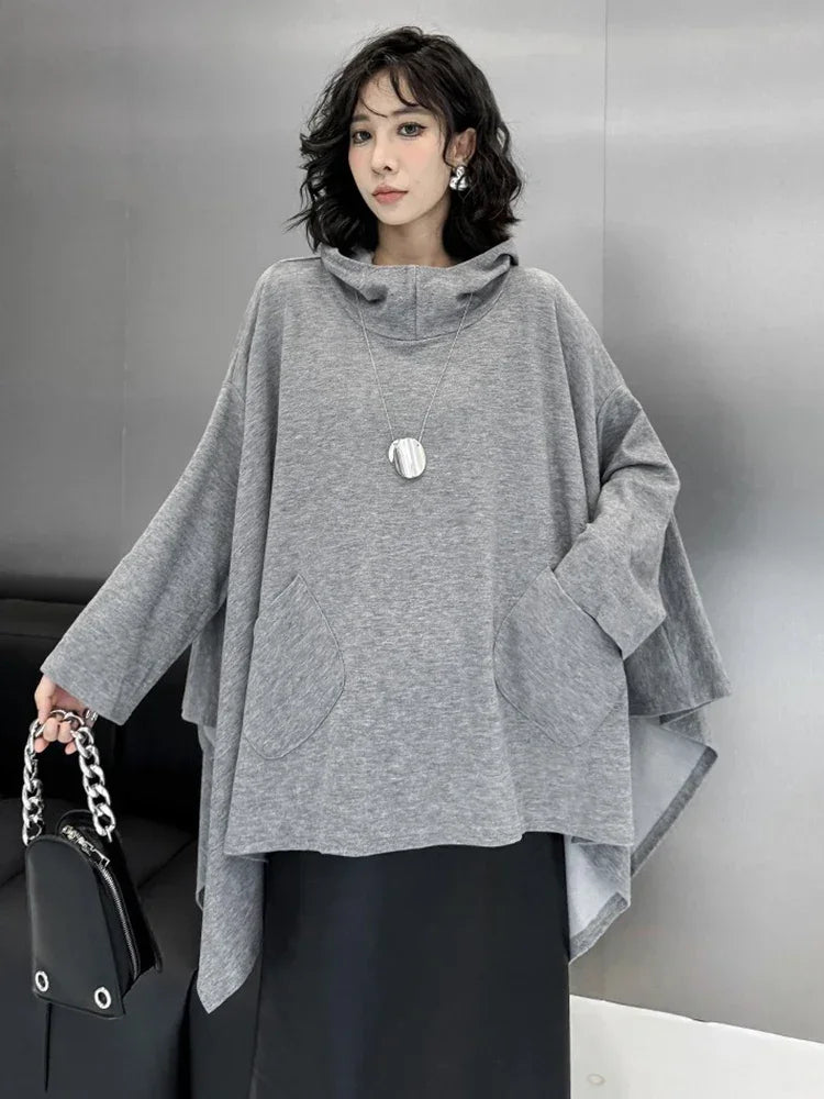 XITAO Hooded Batwing Sleeve Women Sweatershirt Solid Color Loose Irregular Pocket Casual Pullover Female Sweatershirt ZYY1025