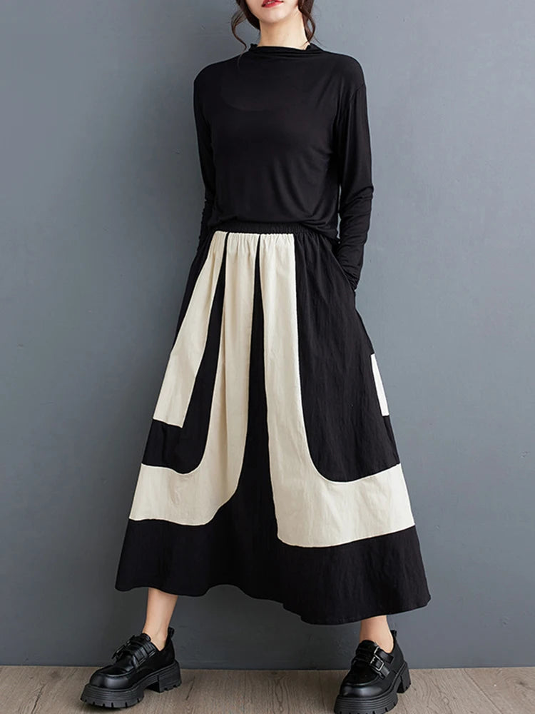 XITAO Irregular Patchwork Contrast Color Skirt Elastic Waist Loose Casual All-match Slimming Autumn Women New Skirt ZY8896