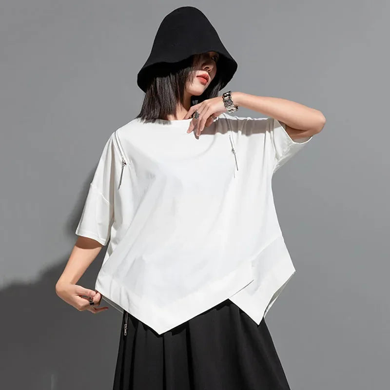 XITAO Asymmetrical Patchwork Zipper T-shirts Loose Show Thin Summer New Casual Fashion Temperament All Match Top DMJ1179