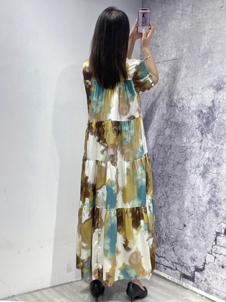 XITAO Print Casual Dress Stand Collar Large Pendulum Type Appear Thin Temperament Summer New Arrival Fashion Dress WMD6097