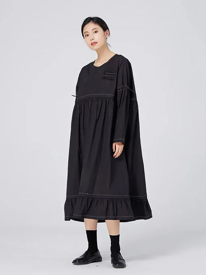 XITAO Drawstring Fold Dress Solid Color Casual Loose Fashion Long Sleeve O-neck Collar Simplicity Women WMD2745