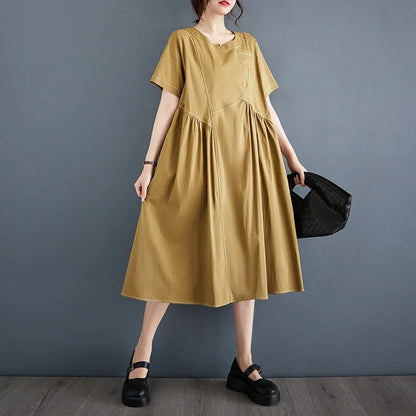 XITAO Patchwork Solid Dress Women Korea Summer New Arrival Personality Fashion Loose O-neck Short Sleeve Dress HQQ0786