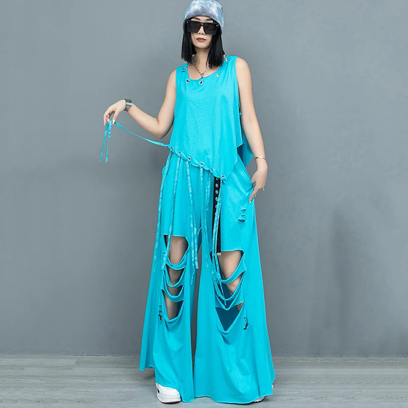 XITAO Personality Sleeveless Women Set Asymmetrical Tassel T-shirt Top Hole Wide Leg Pants Two Pieces Sets Street Trendy DMJ4145