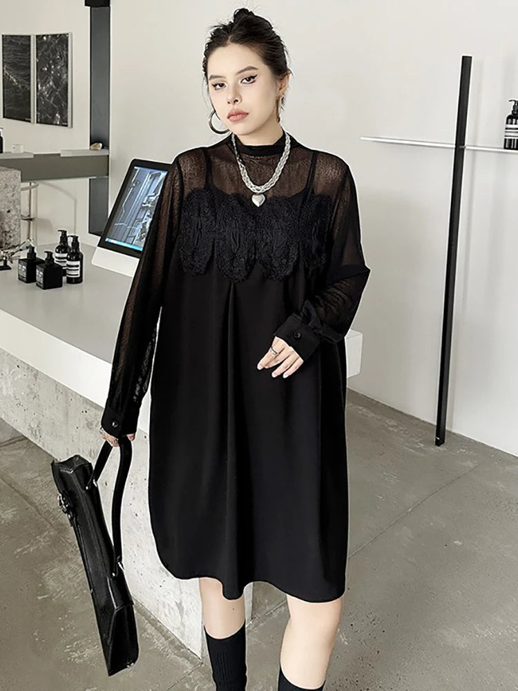 XITAO Casual Solid Color Loose Fitting O-neck Full Sleeve Female Dress Mesh Patchwork Pullover Autumn Women Dress GMM1093