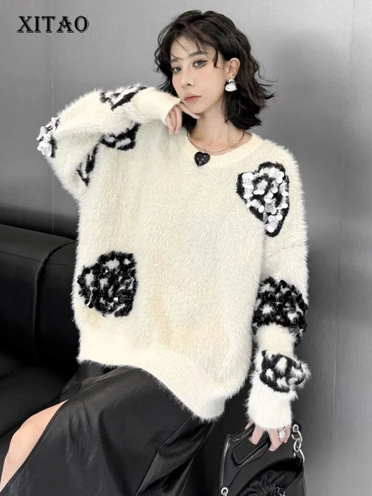 XITAO Autumn New Flower Solid Sweater Elegant Loose Full Sleeve Pullover Sequined O-neck Temperament Women Sweater ZYY1021