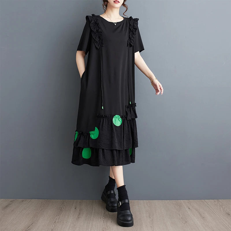 XITAO Asymmetrical Edible Tree Fungus Female Dress Ruffles Hem Casual Fashion Loose Short Women Summer New Black Dress LYD1882