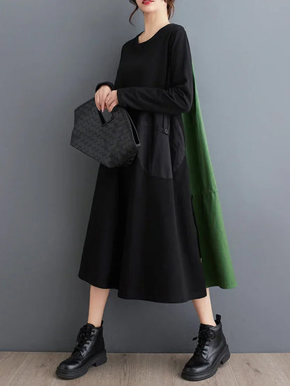 XITAO Contrast Color Patchwork Dress Casual Long Sleeve Loose Fashion Simplicity O-neck Pullover Loose Dress 2024 New DMJ3240