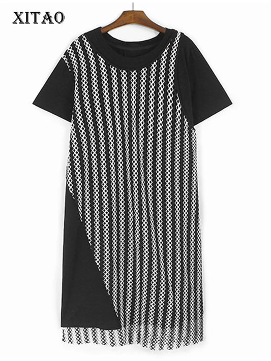 XITAO False Two Pieces T-shirt Dress Contrast Color Hollow Out Patchwork O-neck Loose Casual Women Summer A-line Dress ZY8851