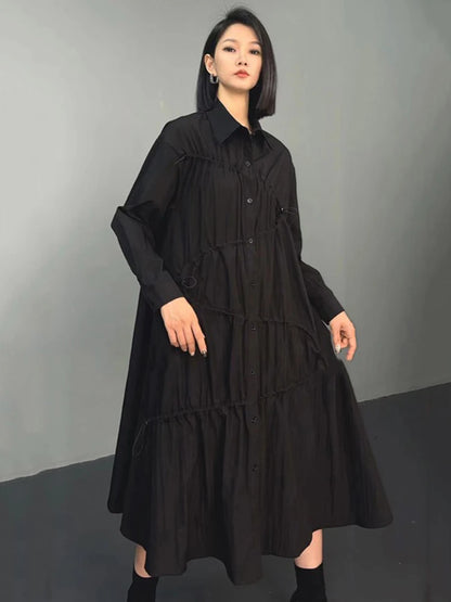 XITAO Loose Solid Draw Pleated Shirt Dress Single Breasted Turn-down Collar Mid-calf Full Sleeve Casual All Match Dress ZYY1004