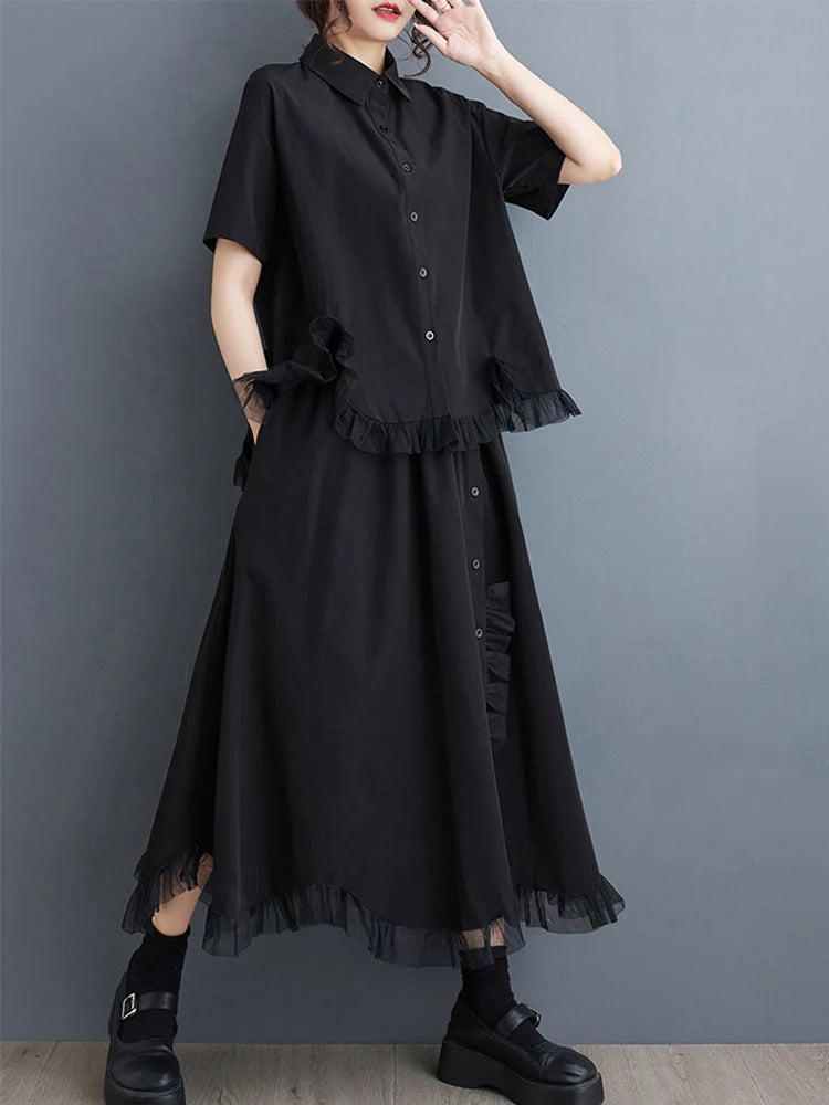 XITAO Black Skirt Sets Mesh Edible Tree Fungus Splicing Irregular Shirt Top Skirt Two Pieces Sets Summer New Women WLD20188