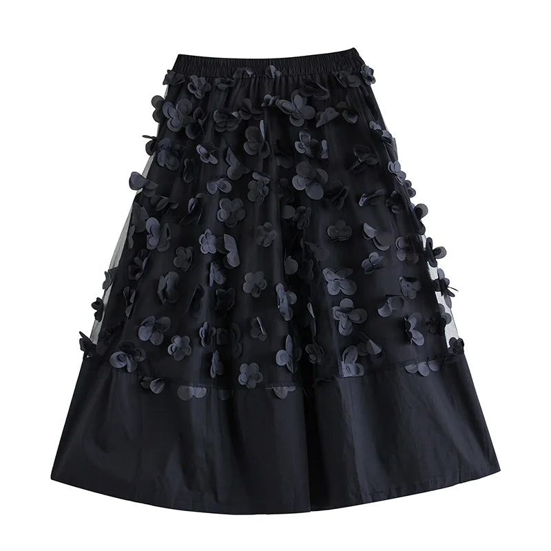 XITAO Korea Patchwork Women A-line Skirt Elastic Waist Flower New Autumn 2024 Female Ankle Length Black Splicing Skirt LJ1066