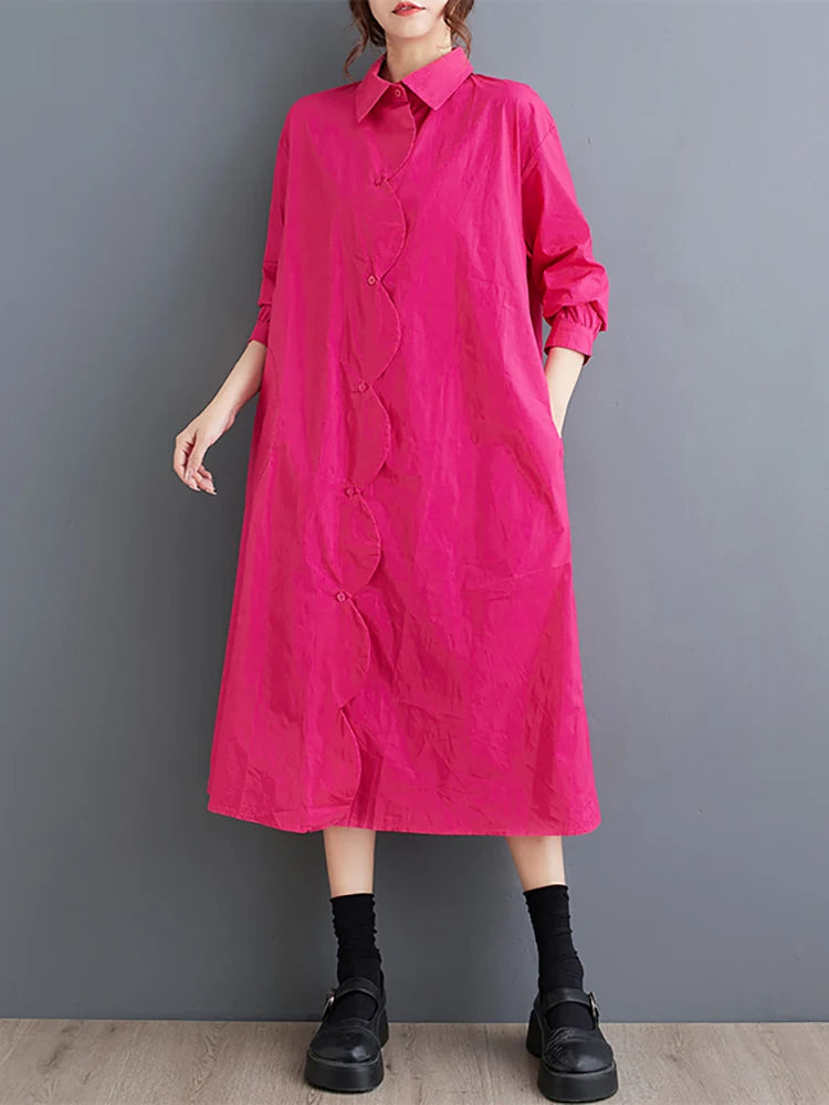 XITAO Turn-down Collar Single Breasted Shirt Dress Solid Color A-line Loose Fashion Mid-calf Korea Dress 2024 Autumn WLD20242