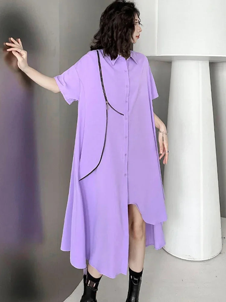 XITAO Single Breasted Solid Dress Women Korea 2024 Summer New Arrival Personality Fashion Loose Short Sleeve Dress WLD11326