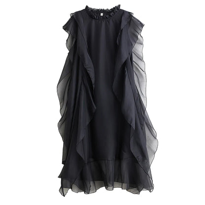 XITAO Gauze Patchwork Flounced Edge Dress O-neck Irregular Sleeveless Solid Color Temperament Pullover Women Dress WLD20132