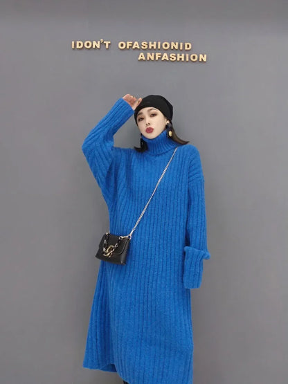 XITAO Turtleneck Knitting Dresses Fashion Casual Solid Color Simplicity Pullover Loose Long Temperament New Arrival GWJ1988