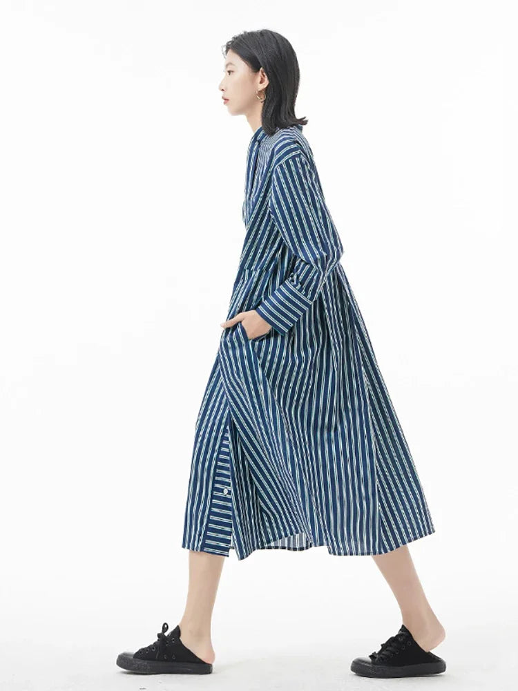 XITAO Striped Dress Fashion Single Breast Full Sleeve Elegant Patchwork Small Fresh Casual Style Loose 2024 Dress WMD4844