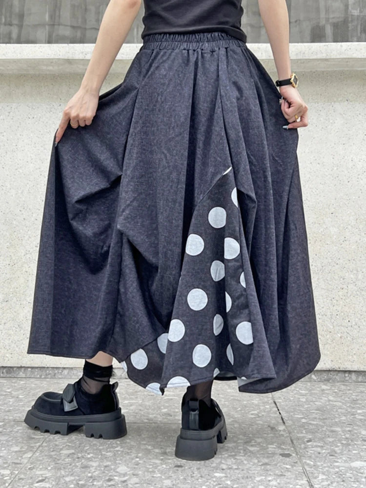 XITAO Asymmetrical Patchwork Dot Skirts Elastic Waist Loose Pocket A-line Mid-calf Fashion Skirts 2024 Summer All Match GJ1007