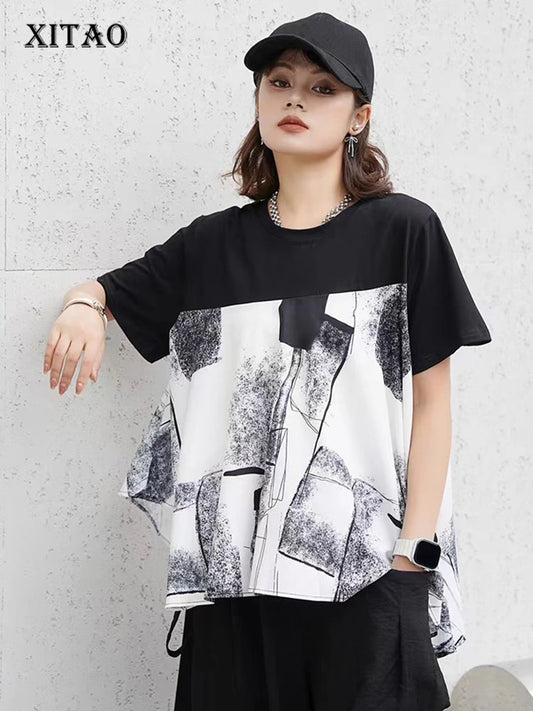 XITAO Loose Asymmetric Print Female T-shirts Casual All-match Trend Patchwork Women Summer New Simplicity O-neck Top GJ1020