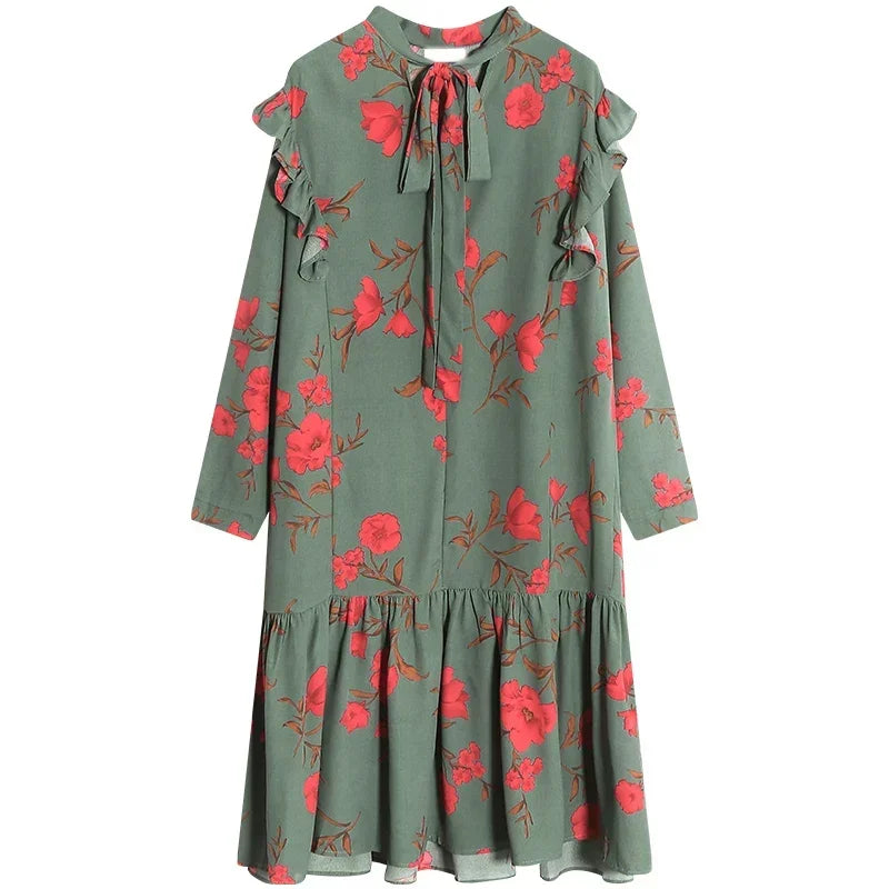 XITAO Europe Fashion New Women Spring Stand Collar Full Sleeve Loose Dress Female Print Bow Mid-calf Dress  ZLL1512