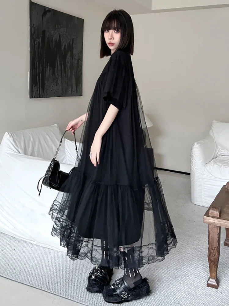 XITAO Black Mesh Patchwork Dress Slimming Elegant Temperament O-neck Loose Casual Fashion New Female A-line Dress LYD1856