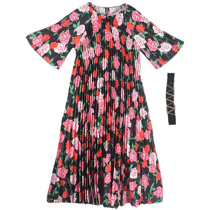 XITAO Pleated Printed Casual Dress Women Fashion Half Sleeve All Match Slimming Temperament Loose New Pullover Dress DMJ4088