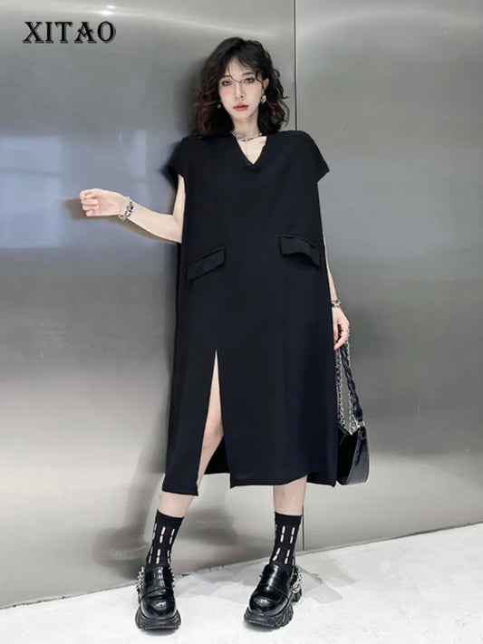 XITAO Side Split Casual Dress O-neck Short Sleeve Pullover Solid Color Simplicity Loose Summer Fashion Women New Dress LYD1769