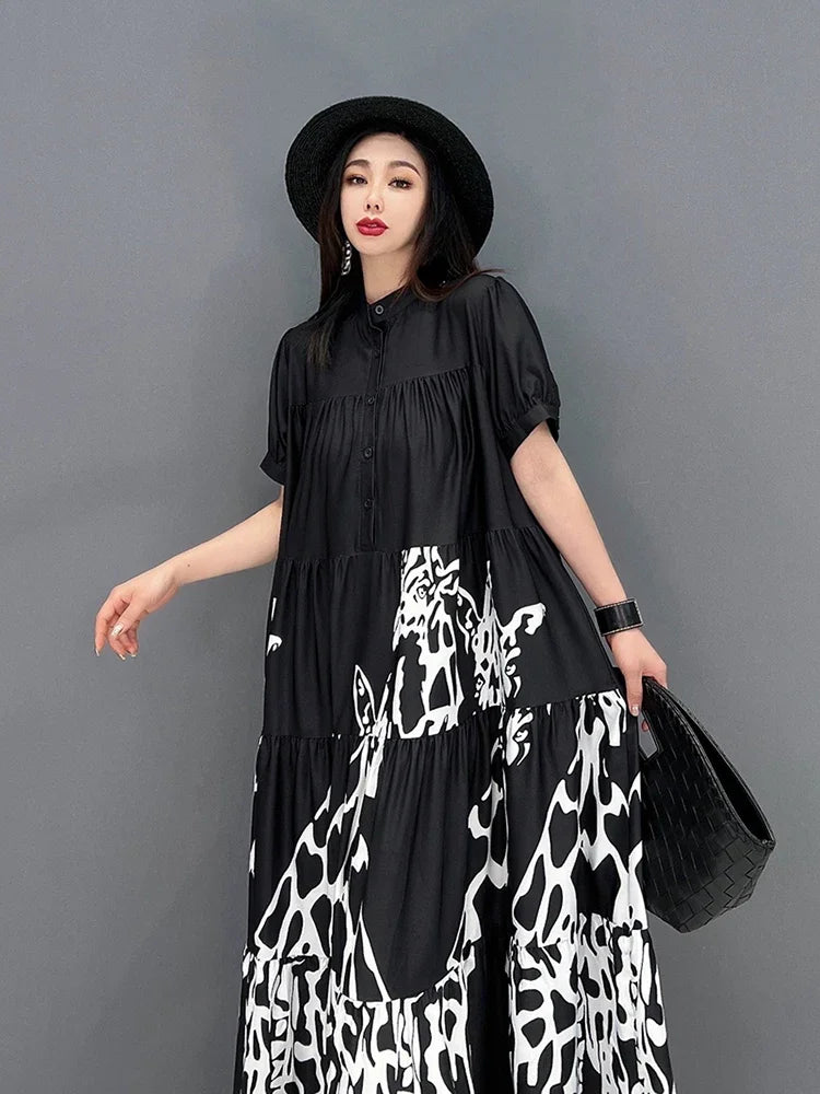 XITAO Pleated Casual Dress Loose Fashion Contrast Color Print Stand Collar Large Size Shirt Dress Temperament New Women WLD7792