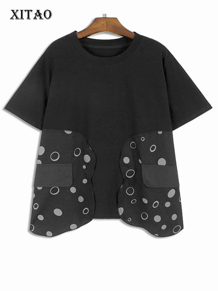 XITAO Loose Patchwork Irregular Dot T-shirts Casual O-neck All-match Short Sleeve Women Summer New Street Trend Top LYD1862