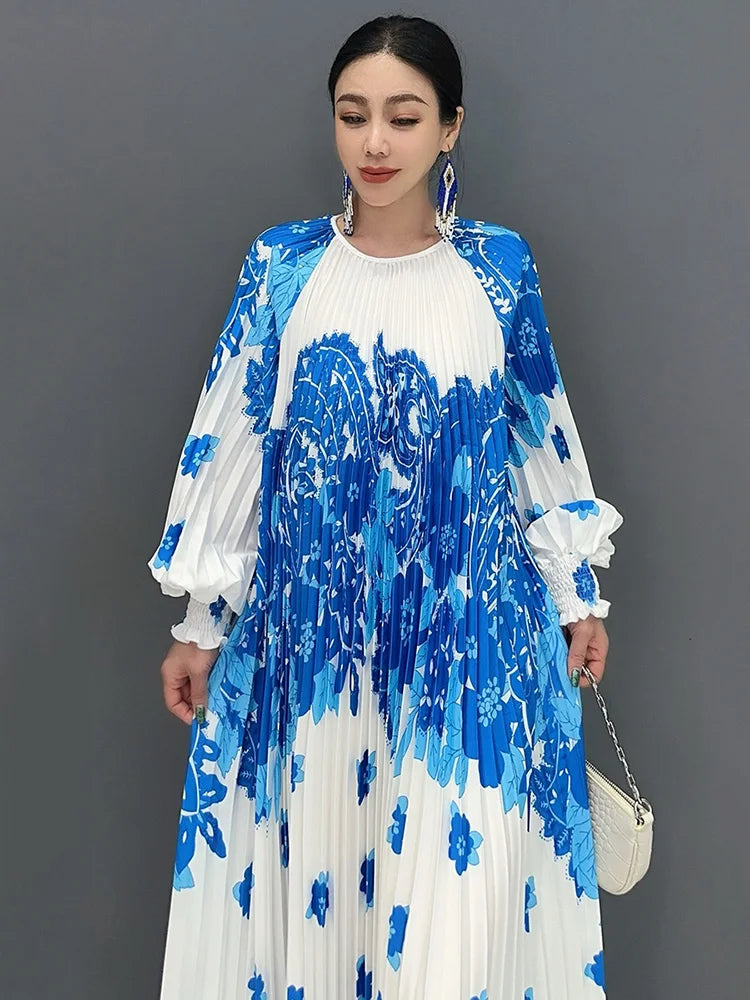 XITAO Contrast Color Pleated Print Dress Fashion Loose Lantern Sleeve Women Autumn New Simplicity Temperament Dress WLD20236