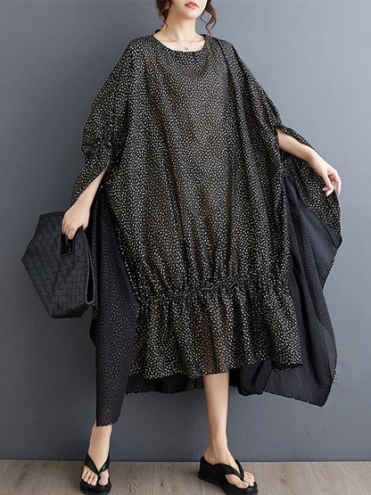 XITAO Wave Point Folds Batwing Sleeve Dresses Asymmetrical O-neck Patchwork Loose Fashion Pullover Dress New ZY8677