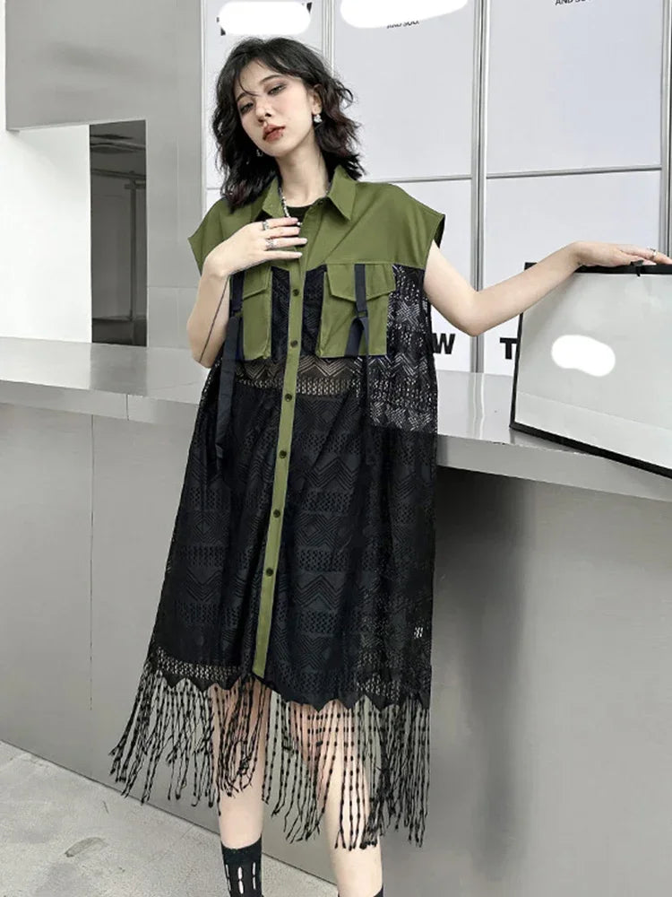 XITAO Patchwork Casual Lace Tassel Shirt Dress Women Summer New Arrival Fashion Loose Turn-down Collar Single Breasted Dress ZY7350