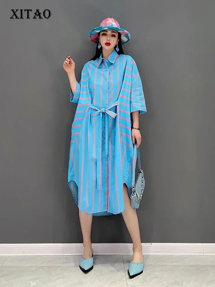 XITAO Contrast Color Striped Shirt Dress Fashion Bandage Splicing Loose Three Quarter Sleeve Casual New Trendy Dress WMD5205